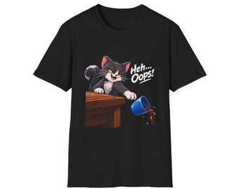 Heh Oops Cat Knocking Over Cup T-Shirt | Funny Cat Owner Tee | Chaos Gremlin Cat