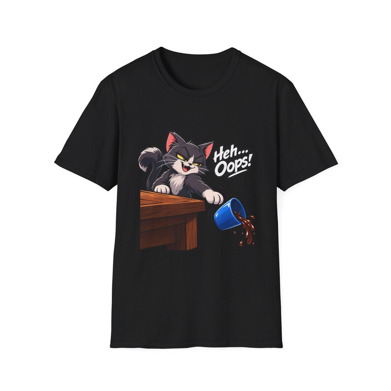 Heh Oops Cat Knocking Over Cup T-Shirt | Funny Cat Owner Tee | Chaos Gremlin Cat image 1
