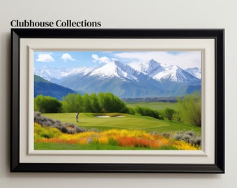 Inspiring Snow Capped Mountains Golf Art Print - Golf Course Painting - Golf Course Art - Printable Golf Art - Digital Download