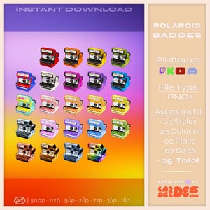 May include: A set of 25 digital Polaroid camera badges in various colors and styles. The badges are available in 7 sizes and are perfect for use on Twitch, YouTube, and Discord.