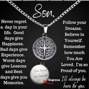 Engravable Son Encouragement Compass Necklace from Mom, Dad Graduation New Beginnings Message Card Christmas Gift (Never Regret)