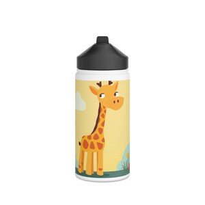 A fun and colorful Montessori Giraffe Stainless Water Bottle