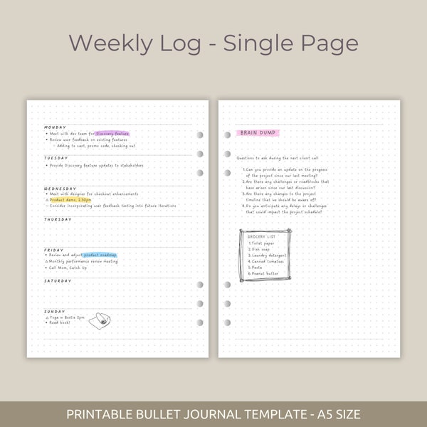 Bullet Planner Weekly Spread Template, Printable Weekly A5 Planner Inserts, Minimalistic Weekly Page Layout, Freedom Page Included