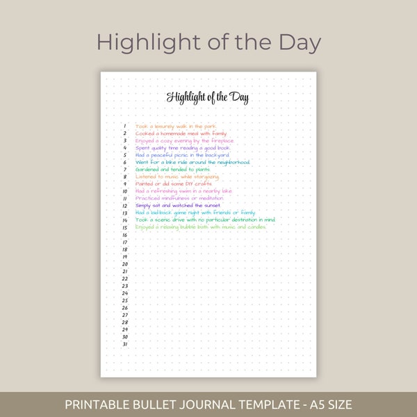 Highlight of the Day Page Bullet Planner Printable Monthly Template Memory Tracker Spread Template A5 Dot Grid Bujo Inserts