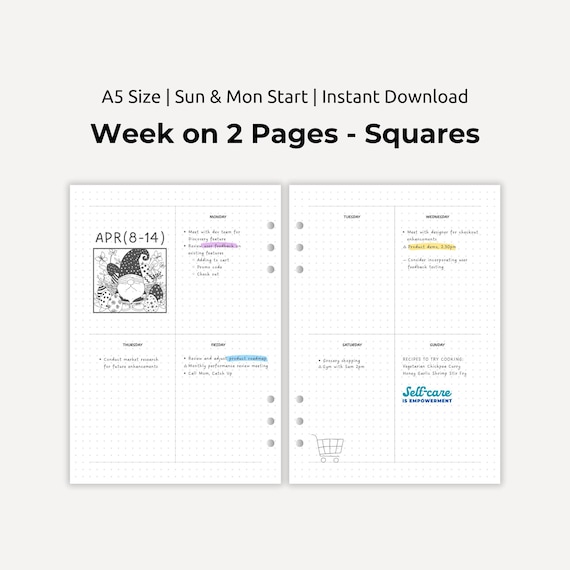 Minimalist Weekly Spread Bullet Planner, Boxed Weekly Bujo, No Dots A5 Undated Journal Inserts Printable, Week on 2 Pages, Wo2P Inserts