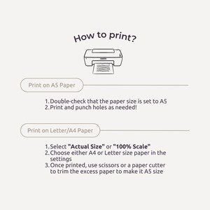 May include: A black and white illustration of a printer with instructions on how to print on A5 paper. The instructions include double-checking the paper size and punching holes as needed. The instructions also include how to print on Letter/A4 paper, which involves selecting "Actual Size" or "100% Scale" and trimming the excess paper to make it A5 size.