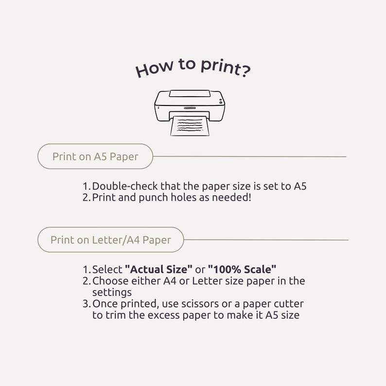 May include: A black and white illustration of a printer with instructions on how to print on A5 paper. The instructions include double-checking the paper size and punching holes as needed. The instructions also include how to print on Letter/A4 paper, which involves selecting "Actual Size" or "100% Scale" and trimming the excess paper to make it A5 size.