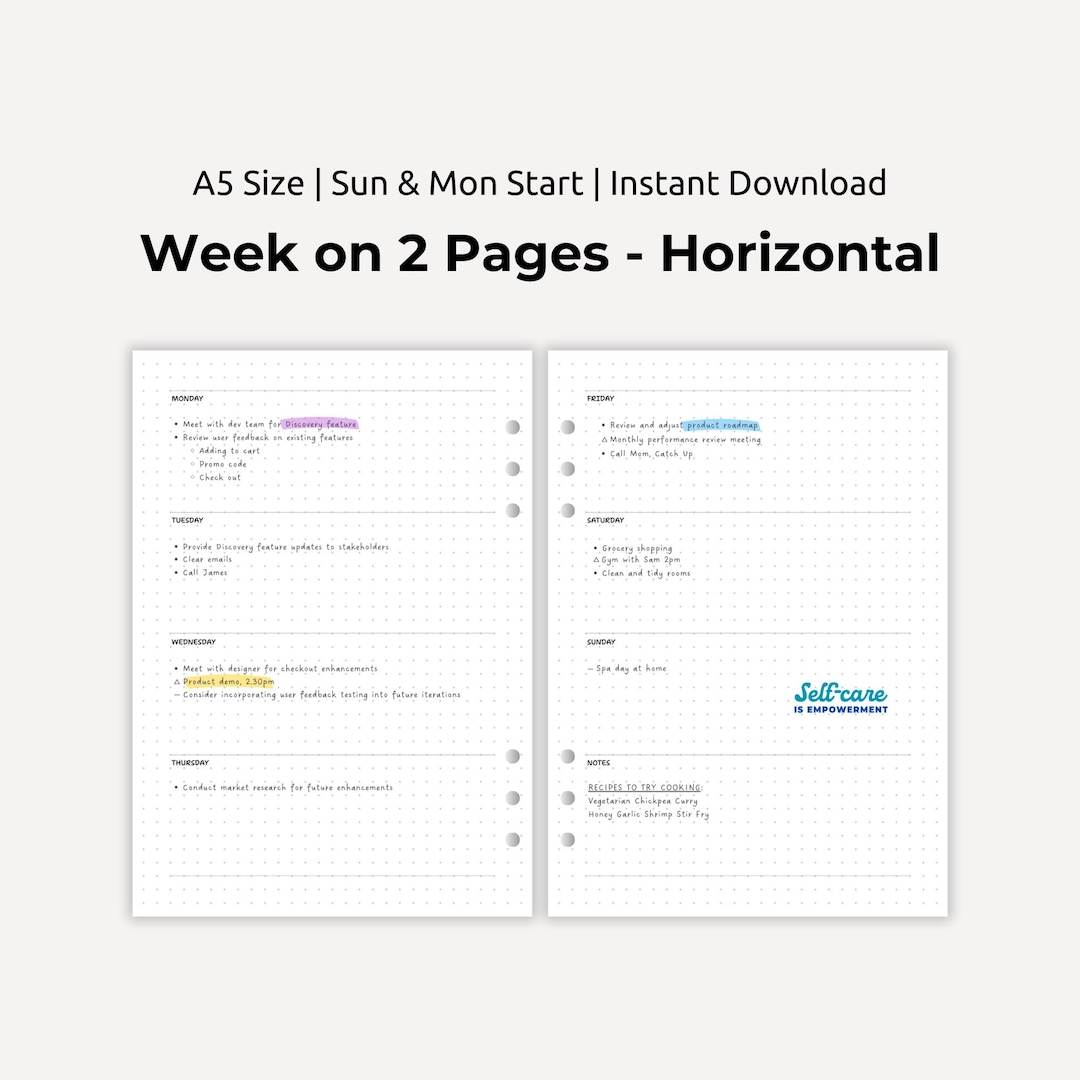 A5 Weekly Planner Printable: Horizontal Week on 2 Pages (digital ...