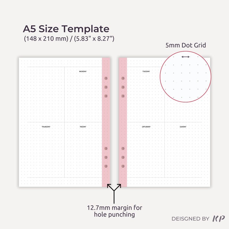 minimalist week on 2 pages A5 bullet planner inserts
