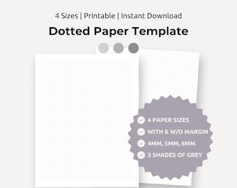 Printable Dot Grid Paper | Bullet Journal Paper | A4, A5, Letter, Half Letter | 4mm, 5mm, 6mm Grid Spacing | Light, Medium, Dark Grey Dots