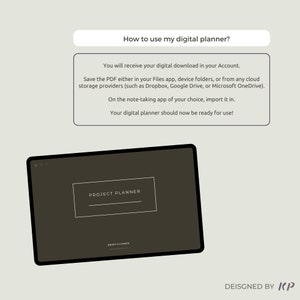 Op de afbeelding: Een digitale planner met de tekst "PROJECT PLANNER" op een donkerbruine achtergrond. De planner wordt weergegeven op een tabletscherm.