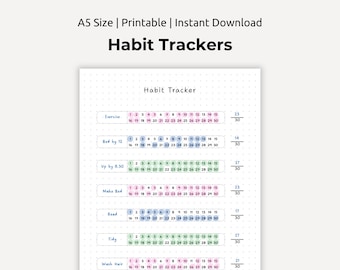 May include: A printable habit tracker with a dotted background. The tracker has a list of habits, including exercise, bed by 12, up by 6:30, make bed, read, tidy, wash hair, and journal. Each habit has a grid of 30 circles for tracking daily progress.