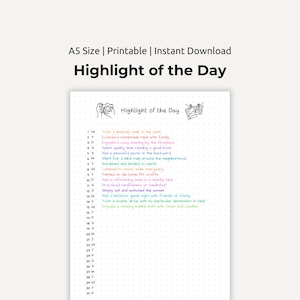 Könnte beinhalten: Ein druckbarer A5-Tagesplaner mit einem gepunkteten Rasterhintergrund. Der Planer hat einen Titel, der "Highlight of the Day" lautet, und eine Liste der Wochentage mit Platz, um die Highlights für jeden Tag aufzuschreiben.