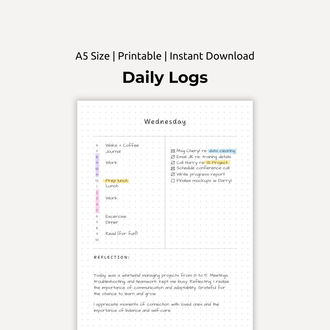 Daily Log Printable: A5 Journal Template, Time Blocking (PDF) - Etsy