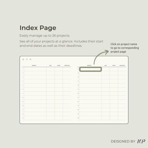 Op de afbeelding: Een zwart-witte printbare indexpagina voor het beheren van maximaal 26 projecten. De pagina bevat kolommen voor de projectnaam, de vervaldatum, de startdatum en de voltooiingsstatus. De tekst "Klik op de projectnaam om naar de bijbehorende projectpagina te gaan" is in de afbeelding opgenomen.