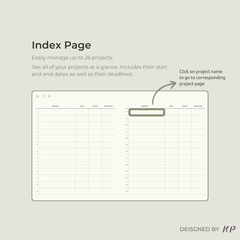 Op de afbeelding: Een zwart-witte printbare indexpagina voor het beheren van maximaal 26 projecten. De pagina bevat kolommen voor de projectnaam, de vervaldatum, de startdatum en de voltooiingsstatus. De tekst "Klik op de projectnaam om naar de bijbehorende projectpagina te gaan" is in de afbeelding opgenomen.