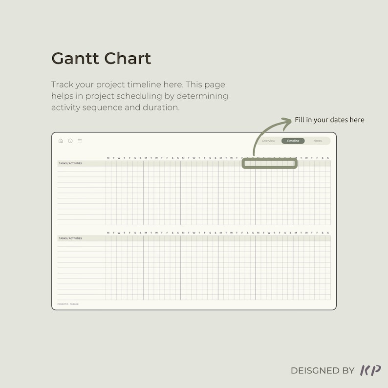 Op de afbeelding: Een blanco Gantt-diagram sjabloon met een tijdlijn en ruimte om taken en activiteiten te vermelden. Het diagram is ontworpen om te helpen bij het plannen van projecten door de volgorde en duur van activiteiten te bepalen. Vul hier uw data in.
