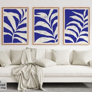 Großes Blau Weißes Wand Kunst 3er Set - Abstrakte Blumendrucke - Tropische Blumen Poster - Minimalistisches Dekor - Sofortiger digitaler Download