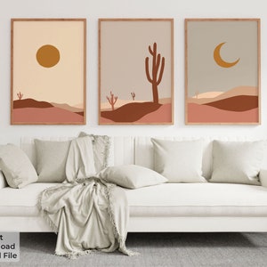 Boho Desert Landscape Wall Art: Set of 3 Abstract Digital Downloads in Earthy Colors