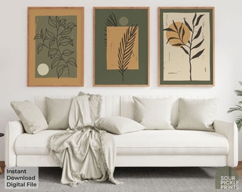 Boho Wall Art Set of 3 - Minimalist Botanical Prints in Earthy Tones - Instant Download Plant Decor for Living Room, Bedroom, or Office