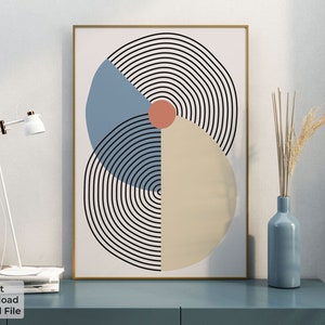 Large Mid-Century Modern Wall Art, Minimalist Style Bauhaus Poster with Abstract Circles, Neutral Colors, Instant Digital Download