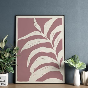 Arte de pared imprimible con hojas de palma moradas / Impresión minimalista abstracta de naturaleza en tonos lilas / Decoración botánica digital para interiores modernos