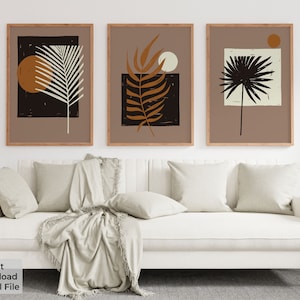 Purple Boho Wall Art Set of 3 - Botanical Prints in Earth Tones and Dusky Pink - Minimalist Digital Posters for Living Room or Bedroom Decor