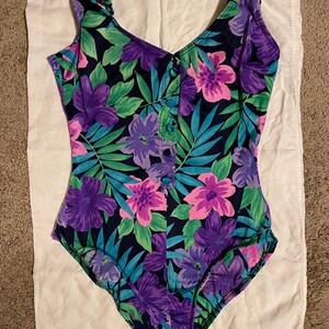 Vintage MofH Floral Print Cinched with Buttons One Piece Swim Swimsuit - Size 12