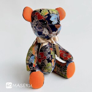 Handmade Japanese Brocade Teddy Bear – Deep Navy Camellia-inspired Florals – Kimono-inspired, Modern Japanese Decor