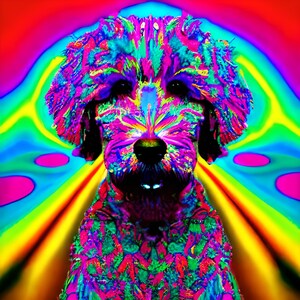Könnte beinhalten: Ein farbenfrohes, psychedelisches Porträt eines Hundes vor einem Regenbogenhintergrund. Das Fell des Hundes ist in einer Vielzahl von leuchtenden Farben bemalt, darunter Pink, Grün, Blau und Gelb.