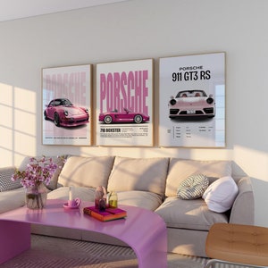 Set of 3 Porsche poster Pink Porsche poster Car poster Porsche print Porsche 911 Pink wall art Porsche GT3 RS Car prints DIGITAL DOWNLOAD