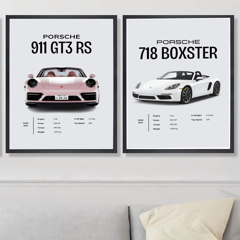 May include: Two black framed posters with white backgrounds featuring images of a pink Porsche 911 GT3 RS and a white Porsche 718 Boxster. The posters include the car's name, year, engine size, horsepower, torque, 0-100 mph time, top speed, and weight.