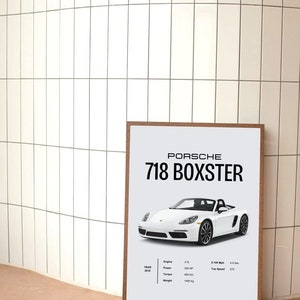 May include: A white Porsche 718 Boxster convertible sports car with a black interior. The car is on a white background. The image includes the text "PORSCHE 718 BOXSTER" and technical specifications for the car, including the year, engine size, power, torque, 0-100 mph time, top speed, and weight.