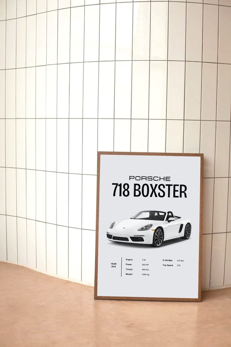 May include: A white Porsche 718 Boxster convertible sports car with a black interior. The car is on a white background. The image includes the text "PORSCHE 718 BOXSTER" and technical specifications for the car, including the year, engine size, power, torque, 0-100 mph time, top speed, and weight.