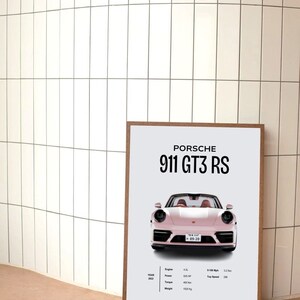 May include: A poster featuring a pink Porsche 911 GT3 RS with the text "PORSCHE 911 GT3 RS" and "09-20" on the license plate. The poster also includes the car's specifications: 4.0L engine, 525 HP, 460 Nm torque, 3.2 seconds 0-100 km/h, 200 km/h top speed, and 1125 kg weight.