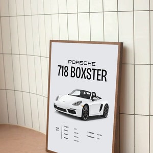May include: A white Porsche 718 Boxster convertible sports car with a black interior. The car is on a white background with a wooden frame around it. The image includes the car's specifications, including the year, engine size, power, torque, 0-100 mph time, and top speed.