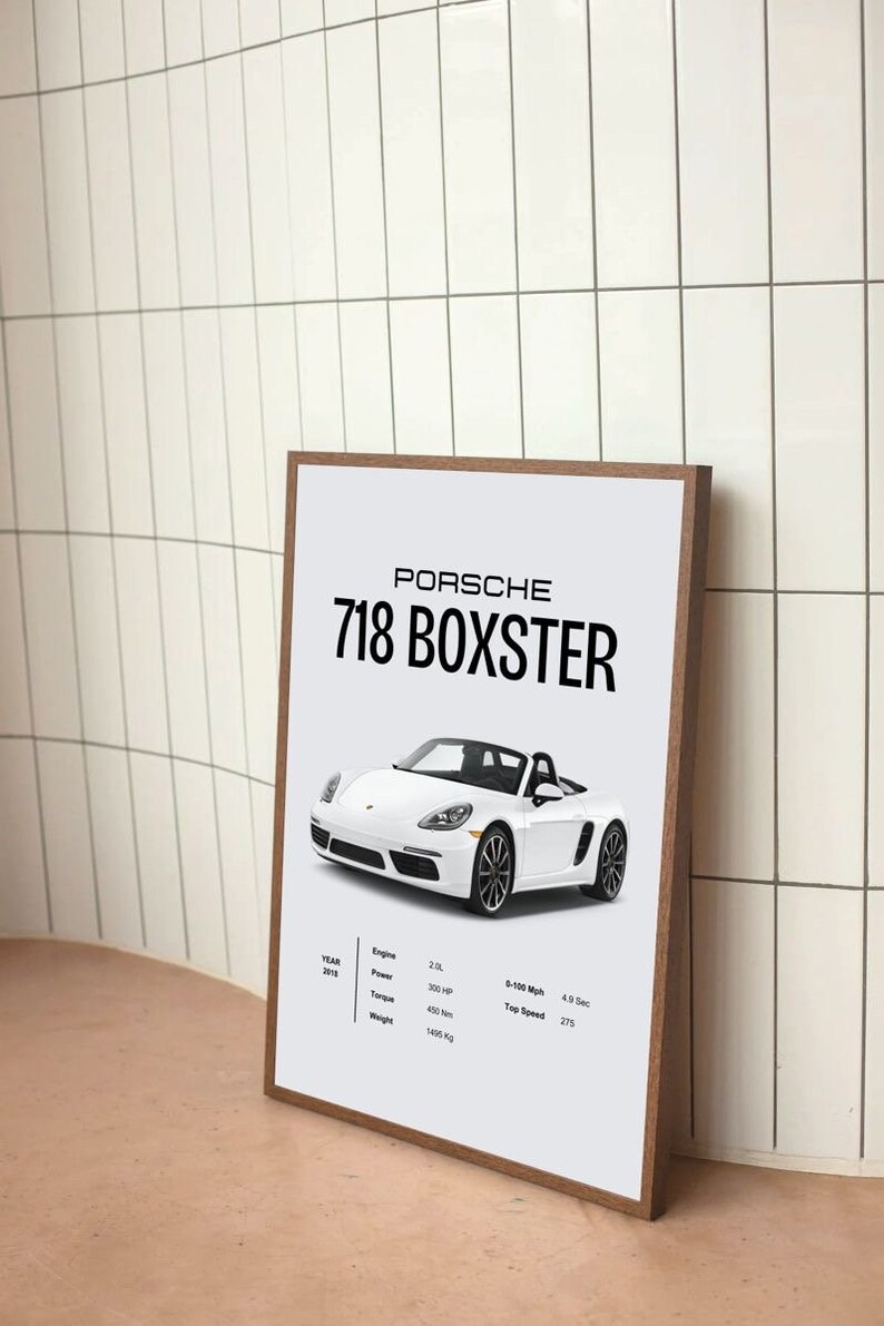 May include: A white Porsche 718 Boxster convertible sports car with a black interior. The car is on a white background with a wooden frame around it. The image includes the car's specifications, including the year, engine size, power, torque, 0-100 mph time, and top speed.