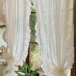 White Sheer Curtain, Elgent Diamond Ruffles Lace Drape For Bedroom