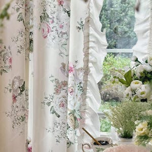 French Cottage Floral Cotton Curtains with Ruffles, Semi Blackout Romantic Drapes, Vintage Botanical Print Curtains for Living Room, 1 Panel