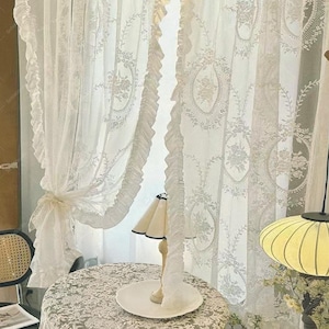 French Style Ruffle Lace Curtain Panel, Romantic White Sheer Floral Window Drapes, Elegant Room Decor for Bedroom Living Room, 1 Panel