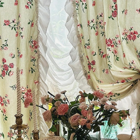 Romantischer Rosen Blumen Vorhang: Fenster-Panel aus französischer Cottagecore Baumwolle