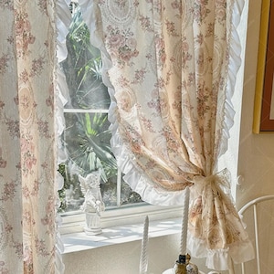 Rose Floral Bedroom Curtains,Farmhouse Sheer Curtain With Ruffles, Elegant Floral Light Filtering Drapes For Girls Room, 1 Panel