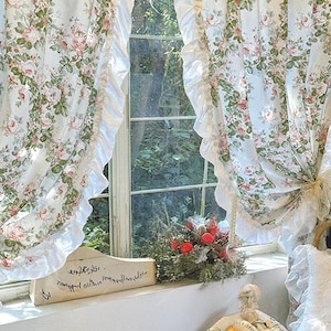 Romantic Floral Ruffle Curtain, French Cottage Style Window Panel, Famhouse Rose Print Door Curtain, Kitchen Cafe Half Curtain, 1 Panel