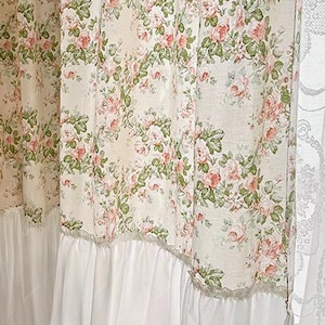Rose Floral Privacy Curtain, Famhouse Light filtering Window Panel with White Ruffle Trim, Shabby Chic Bedroom Drapes