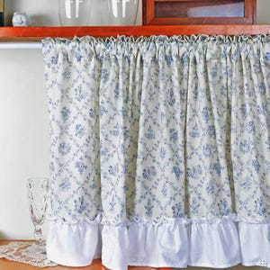 Blue Floral Ruffle Kitchen Curtains: Farmhouse Cafe Valance