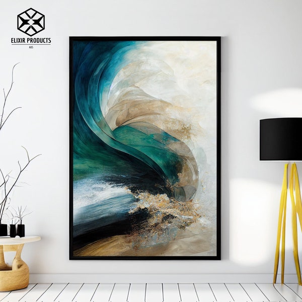 Abstract Teal Ocean Wall Decor Modern Wave Emerald Art Print Jade Surf Poster Neutral Wall Painting Calming Digital Print Brush Stroke Art