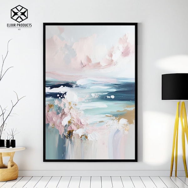 Impasto abstrait peinture rose coucher de soleil Art côtier plage maison Decor impressionniste lever du soleil Art Pastel imprimable grand mur Art moderne AI Art