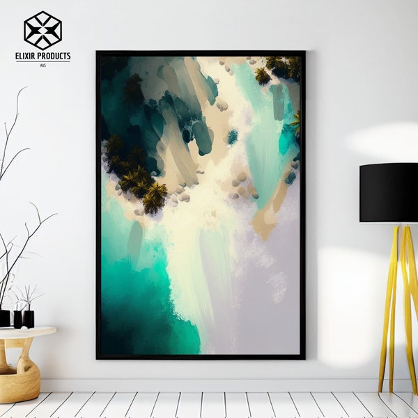 Abstract Teal Beach Wall Art Modern Emerald Coastal Island Wall Decor Surf Poster Beach Aerial Sand Painting Digital Download Printable Art