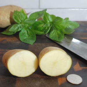 May include: Three whole light brown potatoes, two potato halves with pale yellow interiors, a sprig of fresh green basil, and a silver kitchen knife with a wooden handle arranged on a dark brown wooden cutting board with a small silver coin.