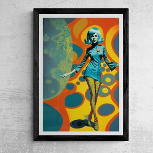 Puede incluir: Un póster enmarcado con una mujer con un vestido azul y medias estampadas de pie sobre un fondo psicodélico de círculos naranja, amarillo y azul.